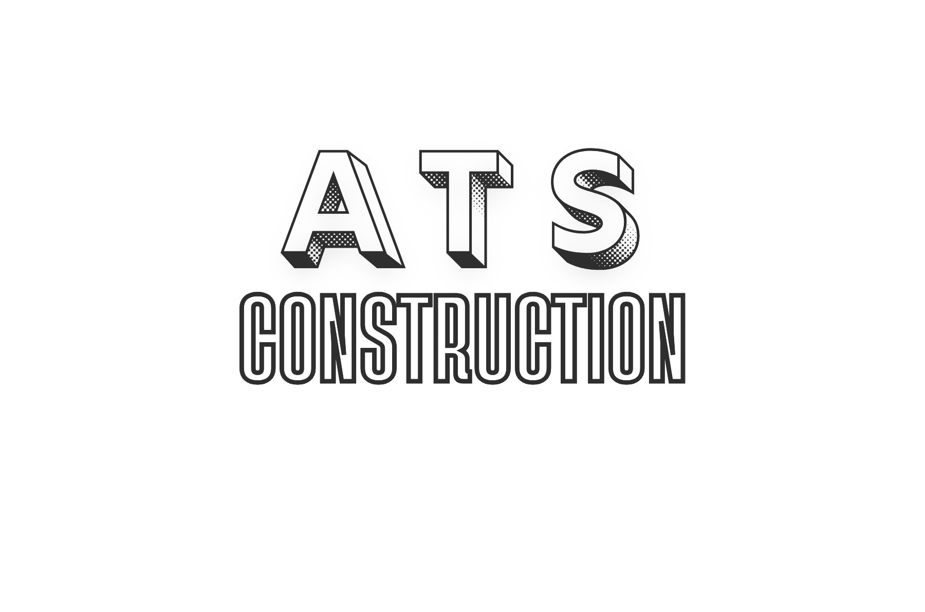 Grafika z napisem 'ATS CONSTRUCTION' w czarno-białej, trójwymiarowej typografii, z efektem rastra na literach ATS.