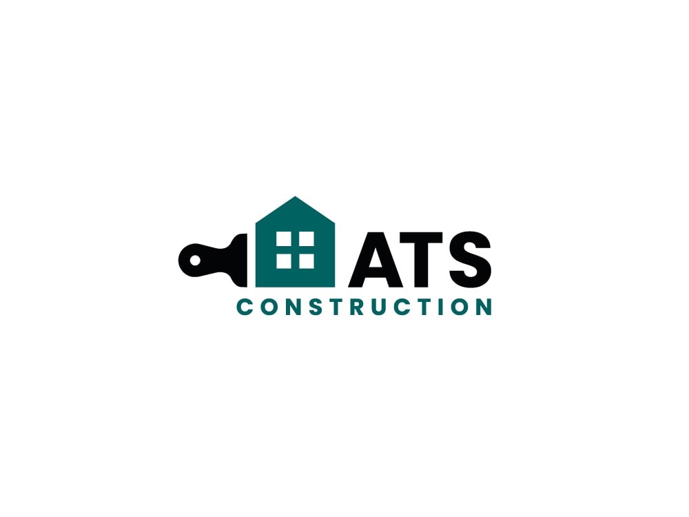 Logo firmy ATS Construction: pędzel malarski z domem w kolorze morskim, nazwa firmy i napis 'Construction' na białym tle.