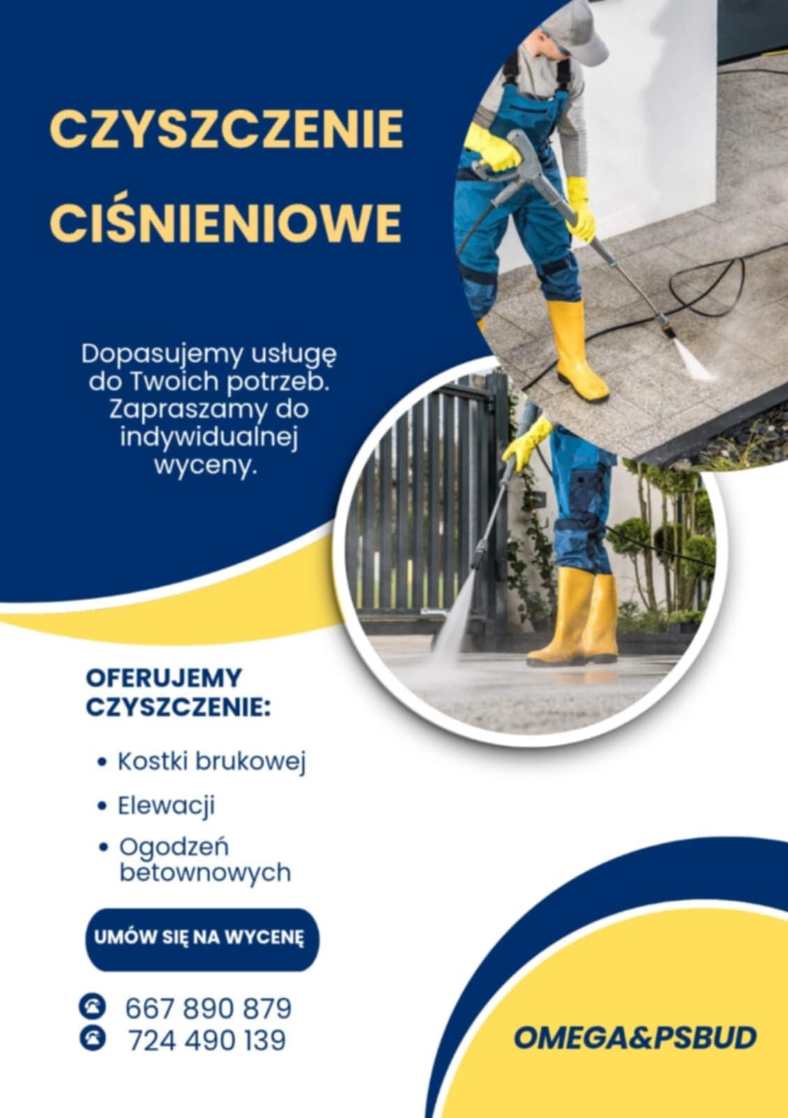 Grafika reklamowa prezentująca osobę w roboczym kombinezonie i żółtych gumowcach, czyszczącą ciśnieniowo betonową powierzchnię. W tle widoczna brama i fragment elewacji budynku. W lewej części...