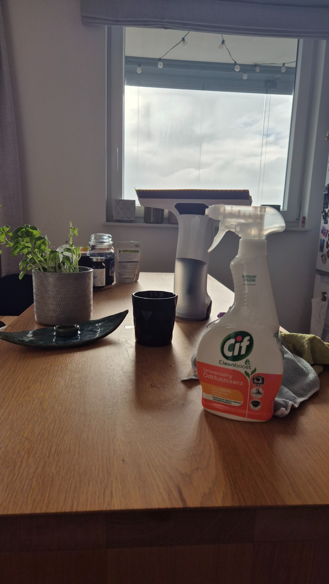 Na drewnianym stole stoi butelka uniwersalnego odtłuszczacza marki Cif, obok czarny kubek, roślina w szarej doniczce, skrobaczka do okien i ściereczka. W tle okno z widokiem na pochmurne niebo.