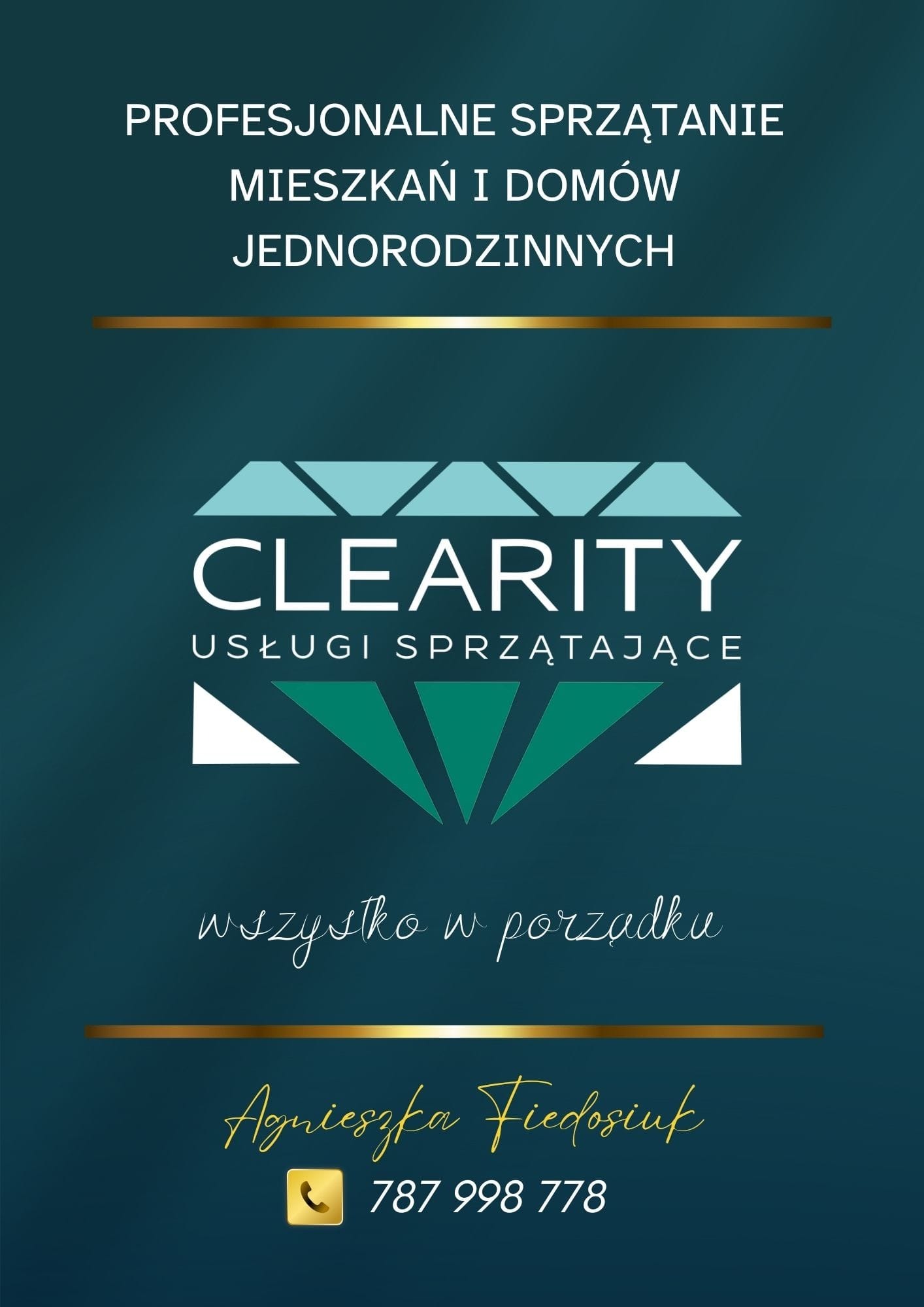 Grafika z logo firmy sprzątającej Clarity, oferującej profesjonalne usługi sprzątania mieszkań i domów jednorodzinnych, z numerem telefonu kontaktowego.
