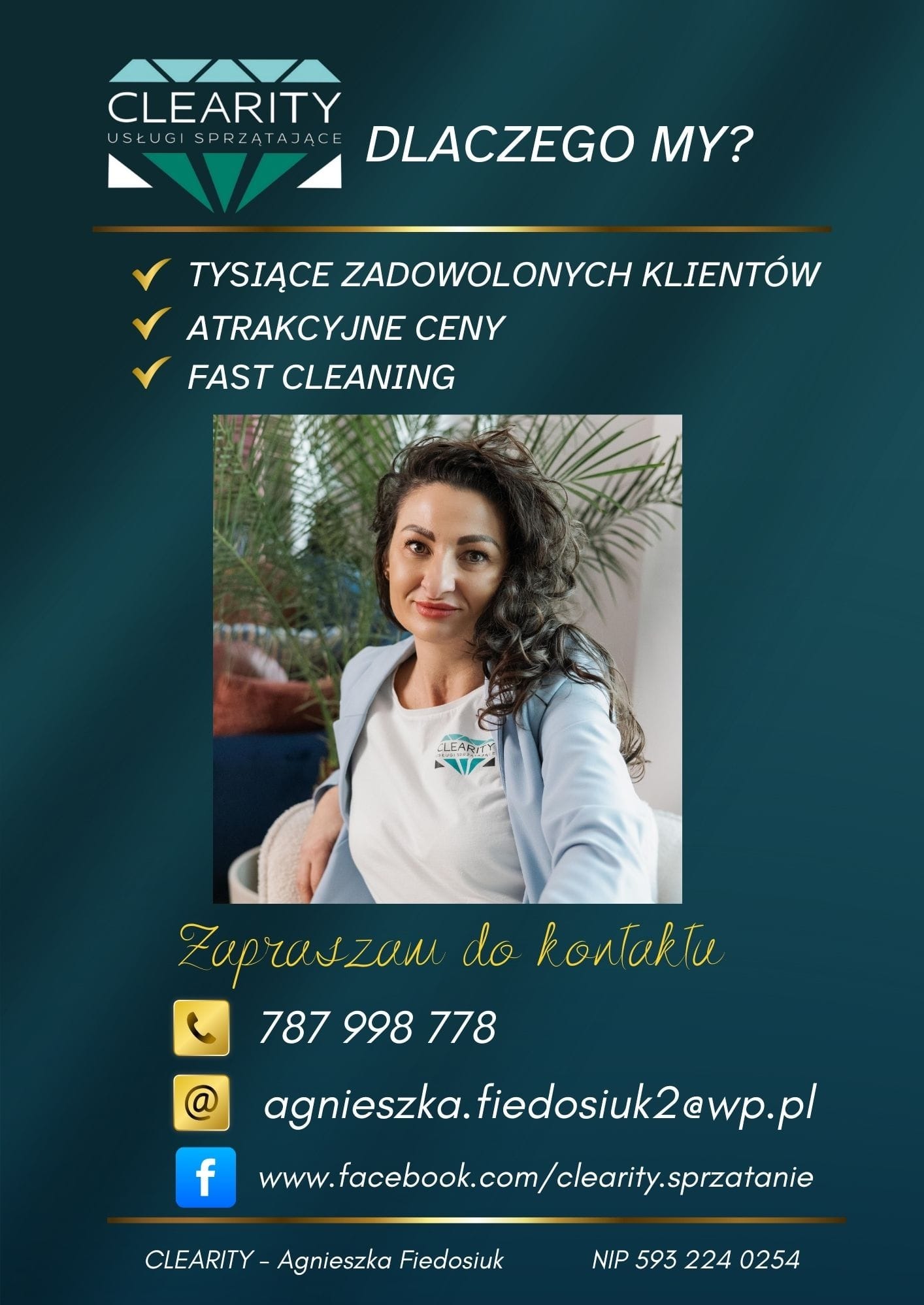 Grafika reklamowa usług sprzątających 'Clearity' z wizerunkiem kobiety, hasłami o zadowolonych klientach i atrakcyjnych cenach, oraz danymi kontaktowymi.