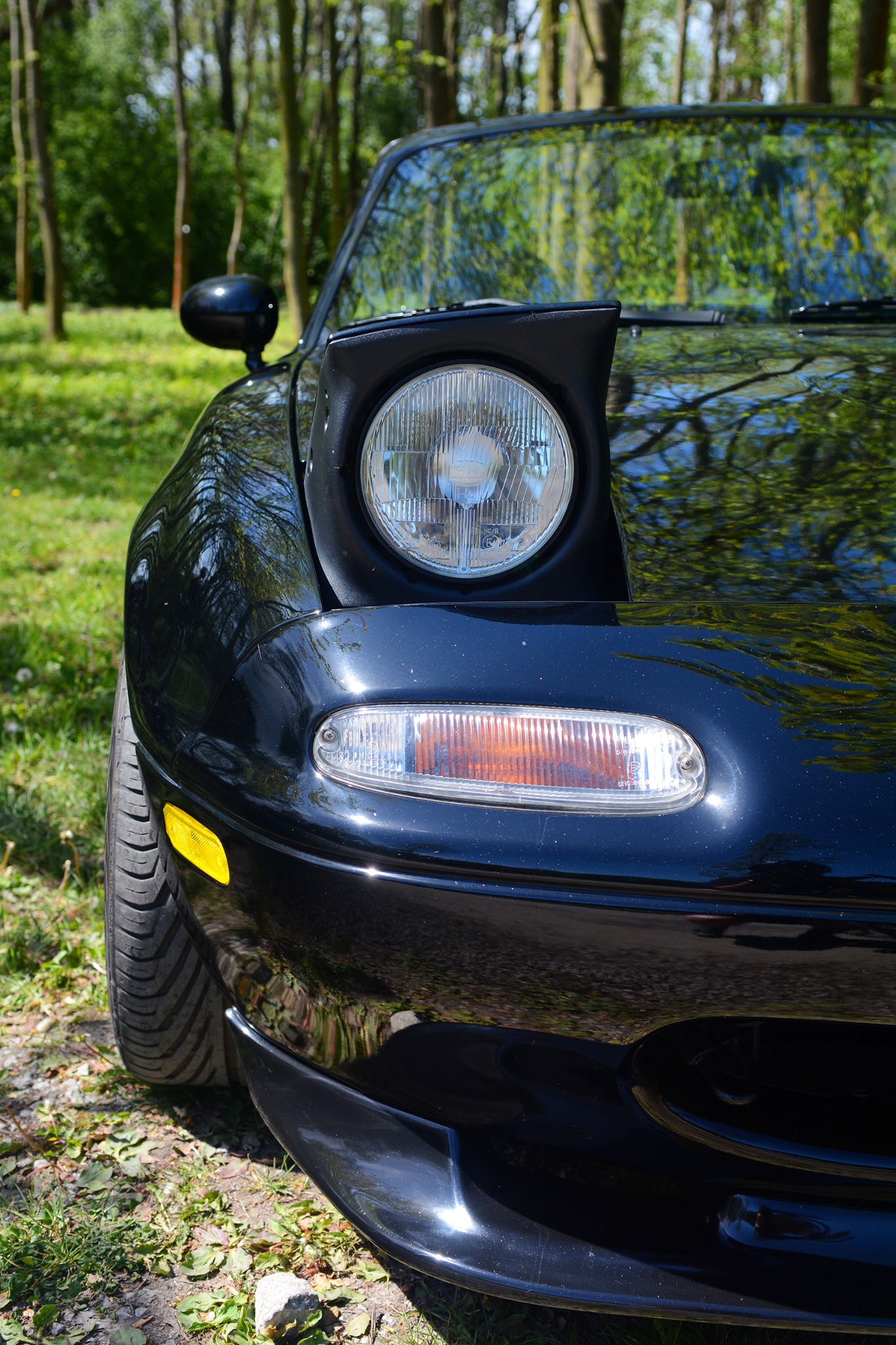 Czarny roadster z podniesionym reflektorem na tle drzew. Auto z widoczną oponą stoi na trawie. Na lakierze odbijają się korony drzew.