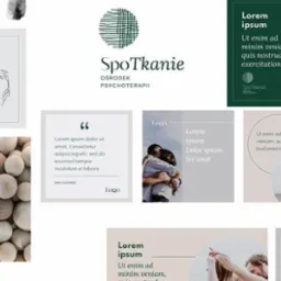 Makieta identyfikacji wizualnej dla ośrodka psychoterapii, prezentująca logo, kolorystykę, typografię, elementy graficzne, zdjęcia i układ treści w różnych formatach, w tym posty do mediów...