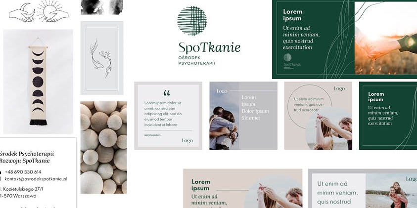 Makieta identyfikacji wizualnej dla ośrodka psychoterapii, prezentująca logo, kolorystykę, typografię, elementy graficzne, zdjęcia i układ treści w różnych formatach, w tym posty do mediów...