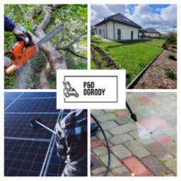 Kompozycja zdjęć usług ogrodniczych: cięcie gałęzi piłą spalinową, świeżo założony trawnik z rolki przed domem, mycie paneli słonecznych szczotką oraz czyszczenie kostki brukowej myjką ciśnieniową,...