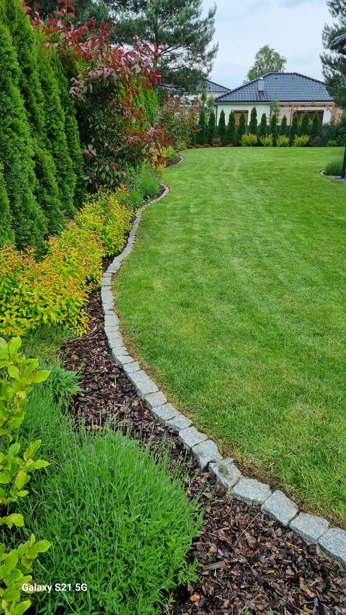 Zadbany trawnik z obrzeżem z kostki granitowej, rabaty z korą i roślinami ozdobnymi. W tle dom z ciemnym dachem i rząd tuj. Widok na ogród w słoneczny dzień.