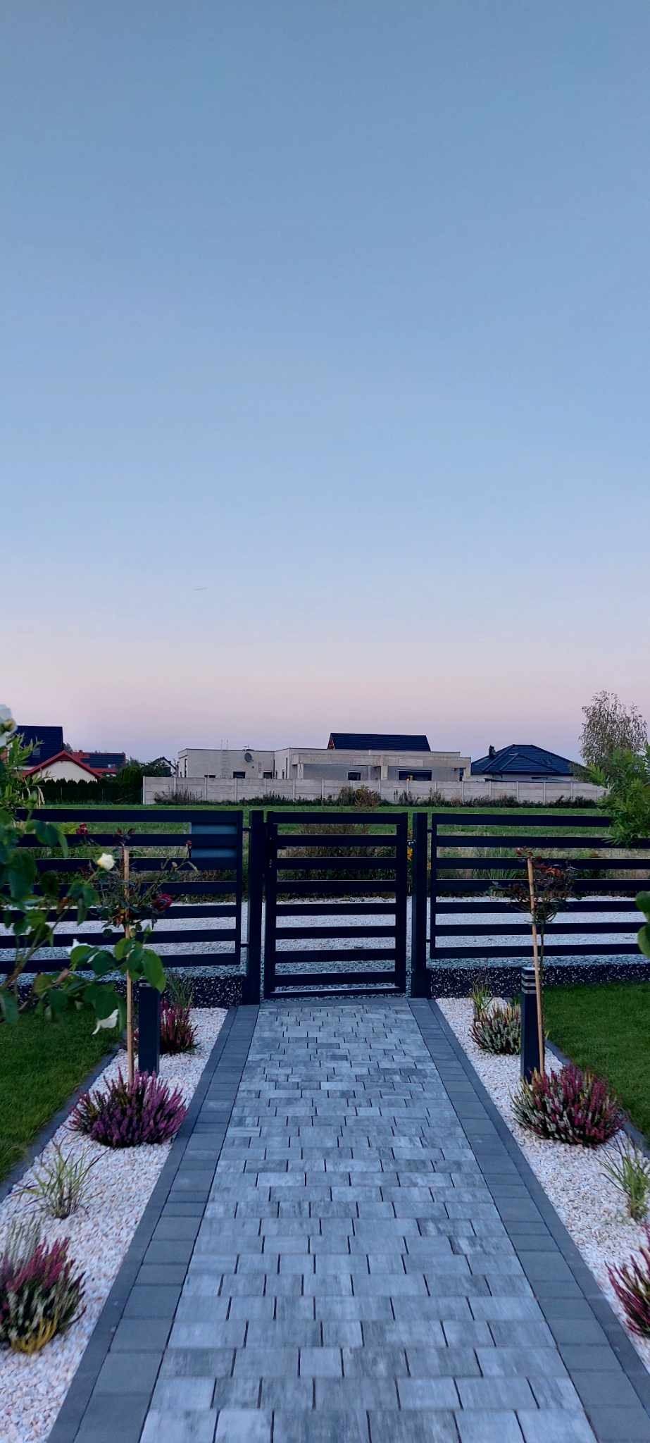 Nowoczesna, pozioma, czarna brama wjazdowa z panelami, prowadząca do domu wyłożona szarą kostką brukową i ozdobiona białym grysem oraz wrzosami.