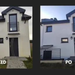 Porównanie elewacji domu jednorodzinnego przed i po myciu: po lewej stronie widoczny brudny budynek, po prawej czysty, biały z ciemnymi elementami wykończenia.