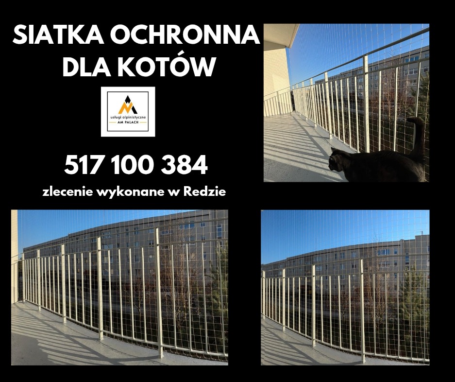 Zabezpieczenie balkonu siatką ochronną dla kota, widok z góry, czarny kot w rogu kadru, budynek w tle, błękitne niebo.