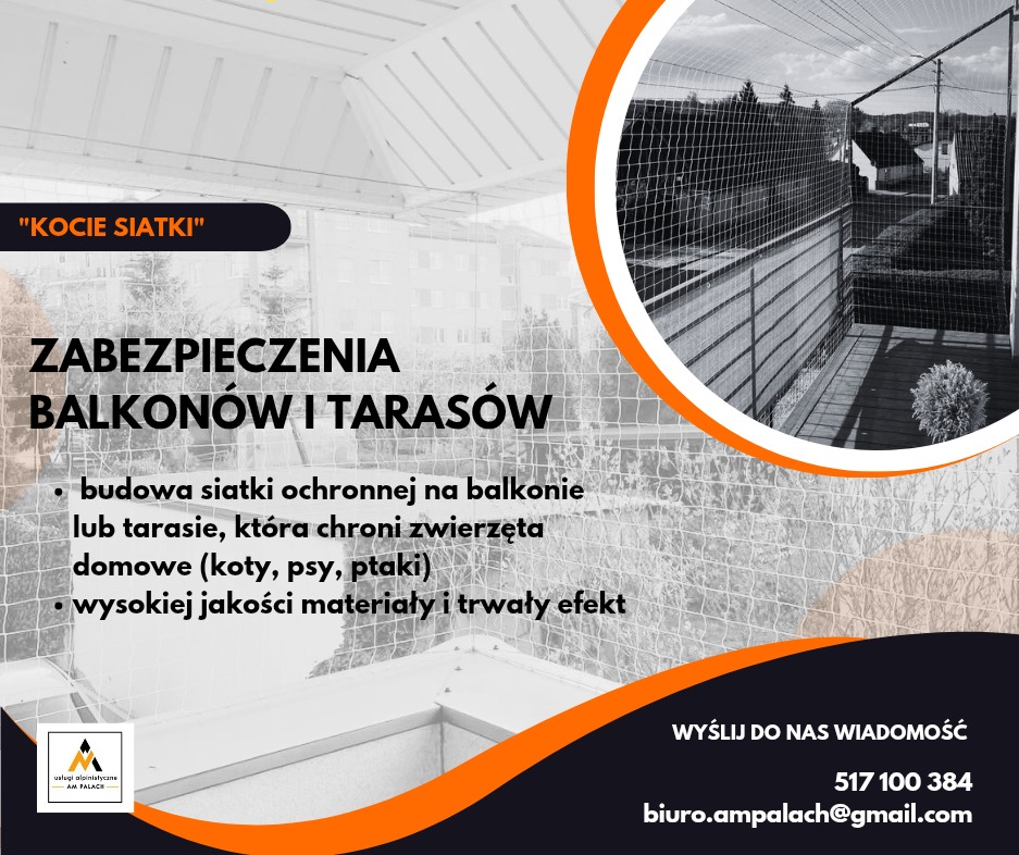 Siatka zabezpieczająca balkon przed wypadnięciem zwierząt, widok z zewnątrz, zabudowa z siatki na balkonie z widokiem na budynki mieszkalne.