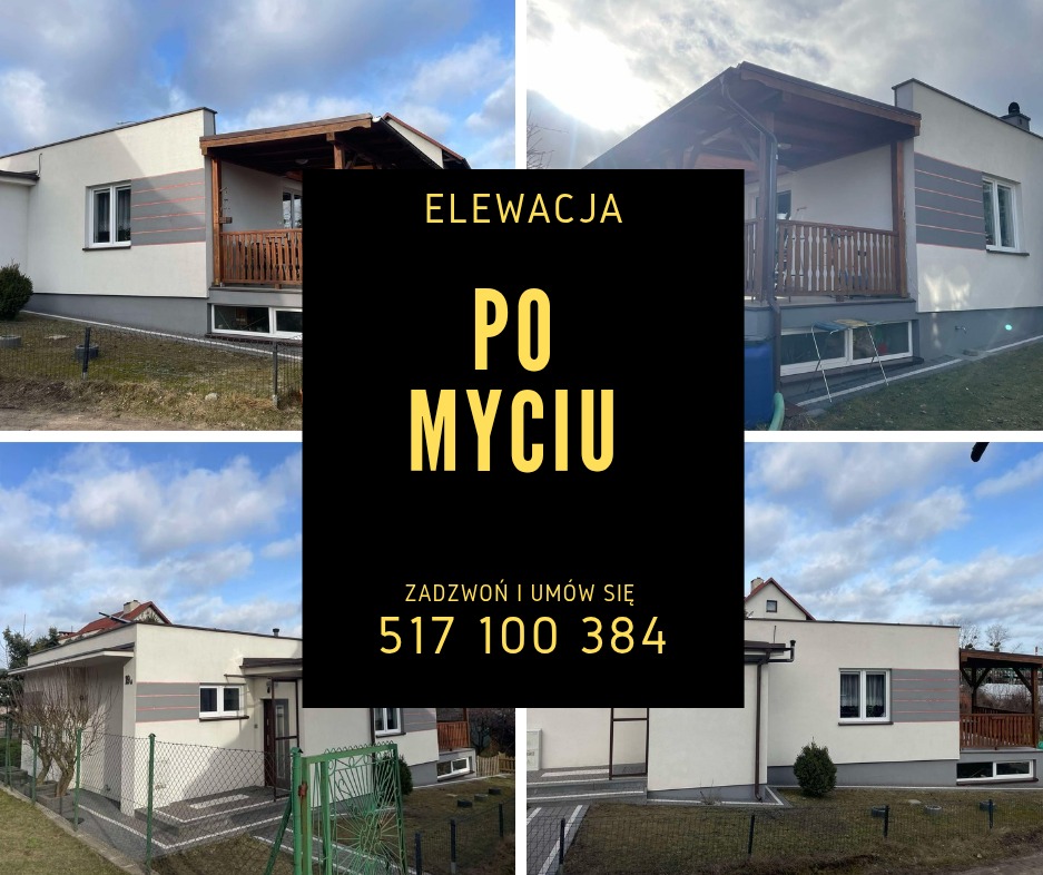 Kolaż czterech ujęć domu jednorodzinnego z jasną elewacją i drewnianymi elementami, prezentujący efekt po umyciu, z widocznym numerem telefonu kontaktowego.