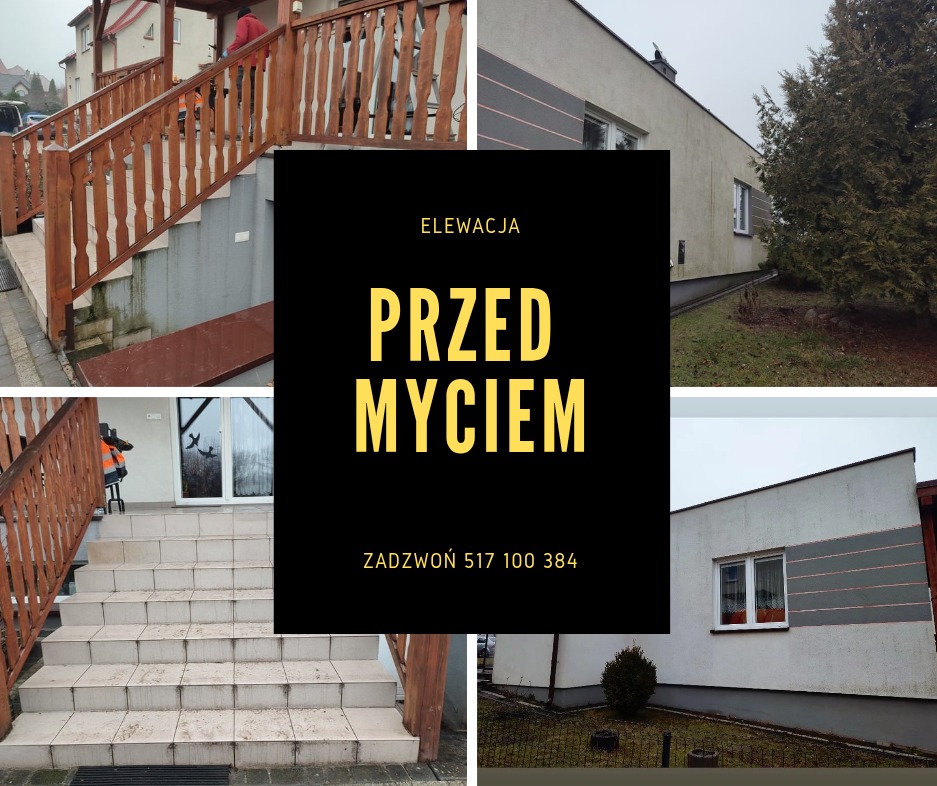 Montaż zdjęć elewacji budynku jednorodzinnego i schodów zewnętrznych przed czyszczeniem, widoczne zabrudzenia i osady.