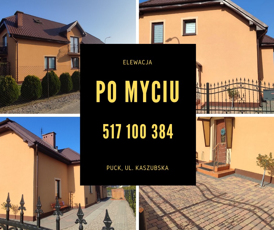 Elewacja budynku mieszkalnego w odcieniach beżu, prezentowana w kolażu czterech ujęć po usłudze czyszczenia, z widoczną informacją kontaktową i adresem w centralnej części zdjęcia.