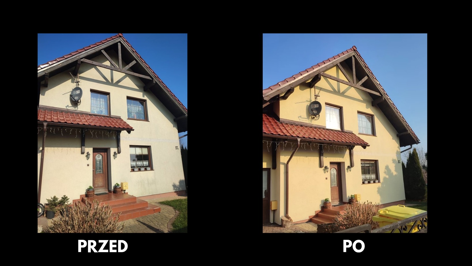 Porównanie elewacji domu jednorodzinnego przed i po czyszczeniu: po lewej stronie widoczny brudny, wyblakły budynek, po prawej - odświeżona, czysta elewacja w ciepłym odcieniu.