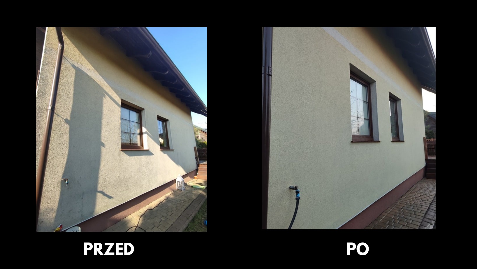 Porównanie stanu elewacji domu jednorodzinnego przed i po czyszczeniu, widoczne różnice w odcieniu i czystości tynku.
