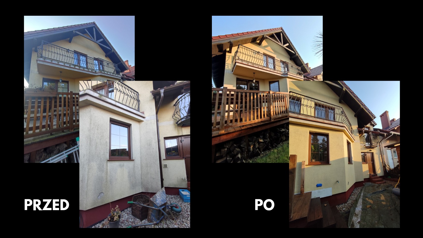 Porównanie stanu elewacji domu przed i po czyszczeniu: widoczne różnice w kolorze i czystości tynku, z detalami jak balustrada balkonu i otoczenie budynku.