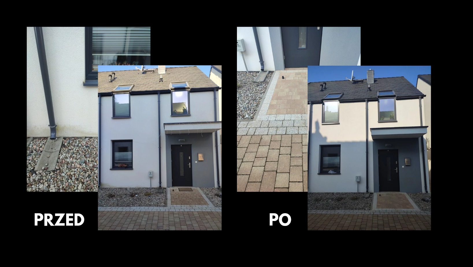 Porównanie stanu elewacji bliźniaka przed i po czyszczeniu: widoczne usunięcie zabrudzeń i odświeżenie koloru, szczególnie wyraźne przy rurze spustowej i dolnej części fasady.