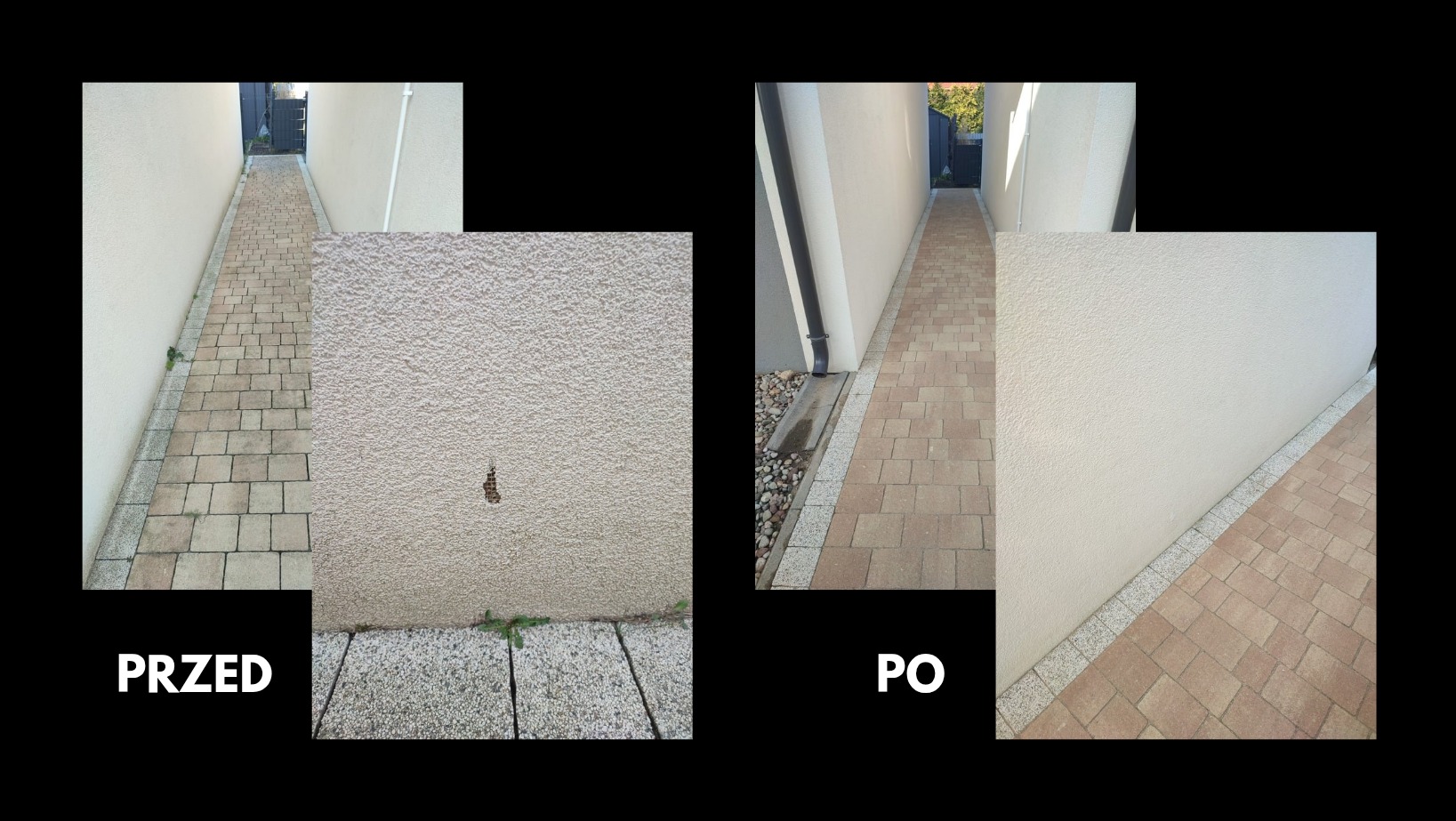 Porównanie stanu elewacji i chodnika przed i po czyszczeniu: widoczne usunięcie zabrudzeń z tynku oraz wyczyszczone kostki brukowe w wąskim przejściu między budynkami.