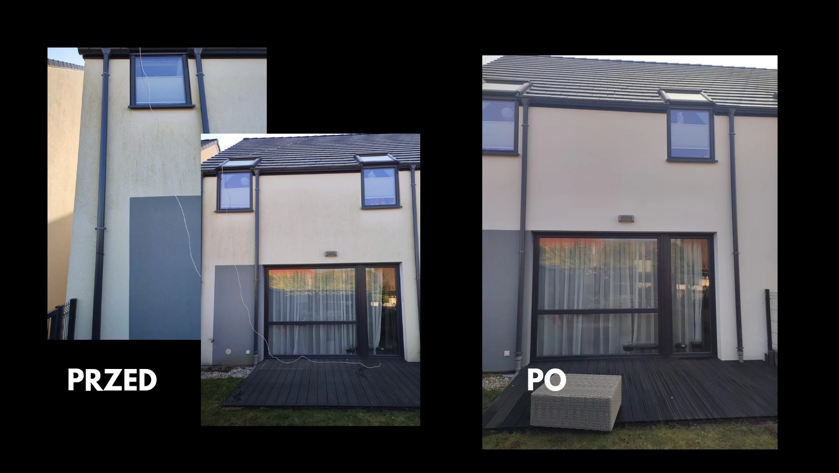 Porównanie stanu elewacji budynku w Pucku przed i po czyszczeniu, uwidaczniające usunięcie zabrudzeń i odświeżenie koloru.