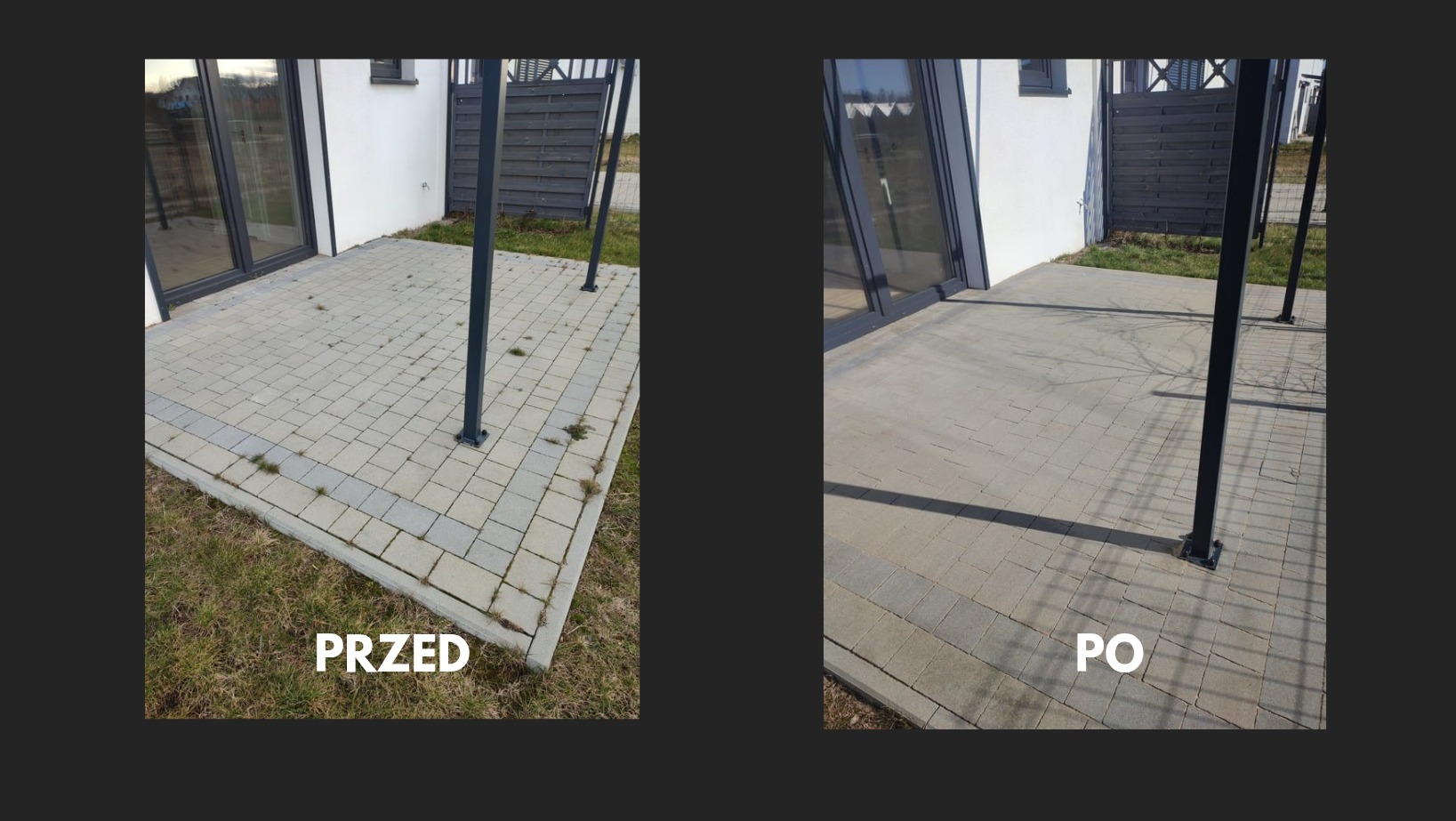 Porównanie stanu kostki brukowej tarasu przed i po czyszczeniu; widoczne usunięcie mchu i zabrudzeń wzdłuż krawędzi oraz na powierzchni kostki.