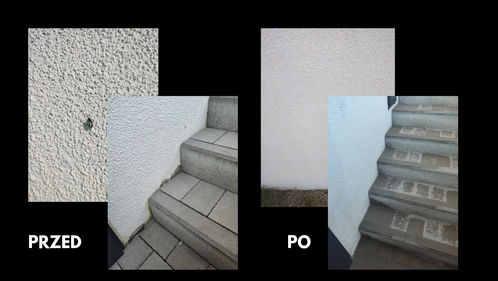 Porównanie stanu elewacji i schodów przed i po czyszczeniu: po lewej elewacja z widocznym otworem i zabrudzeniami, po prawej czysta elewacja i schody.