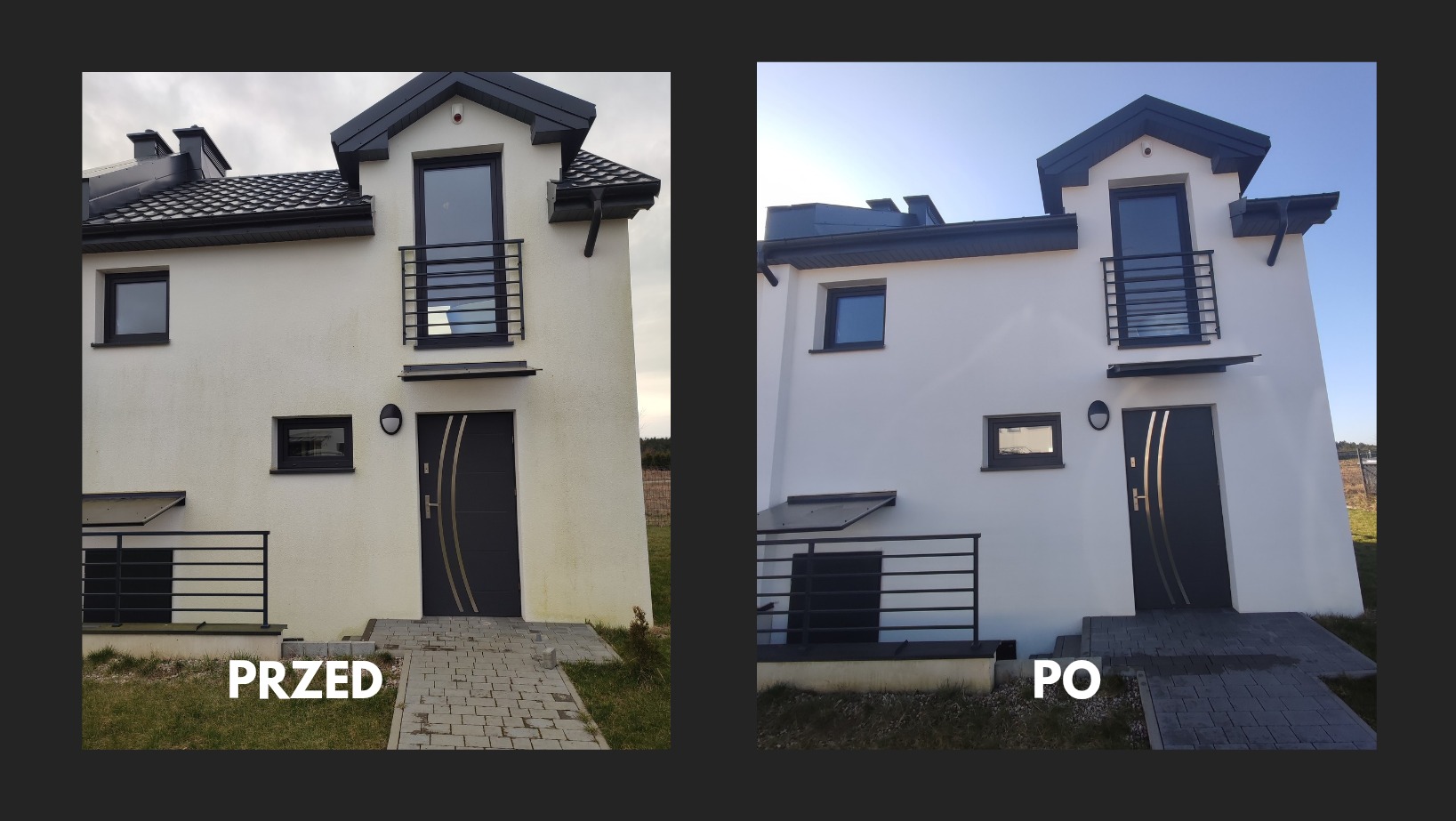 Porównanie elewacji domu jednorodzinnego przed i po myciu: po lewej stronie widoczny brudny budynek, po prawej czysty, biały z ciemnymi elementami wykończenia.