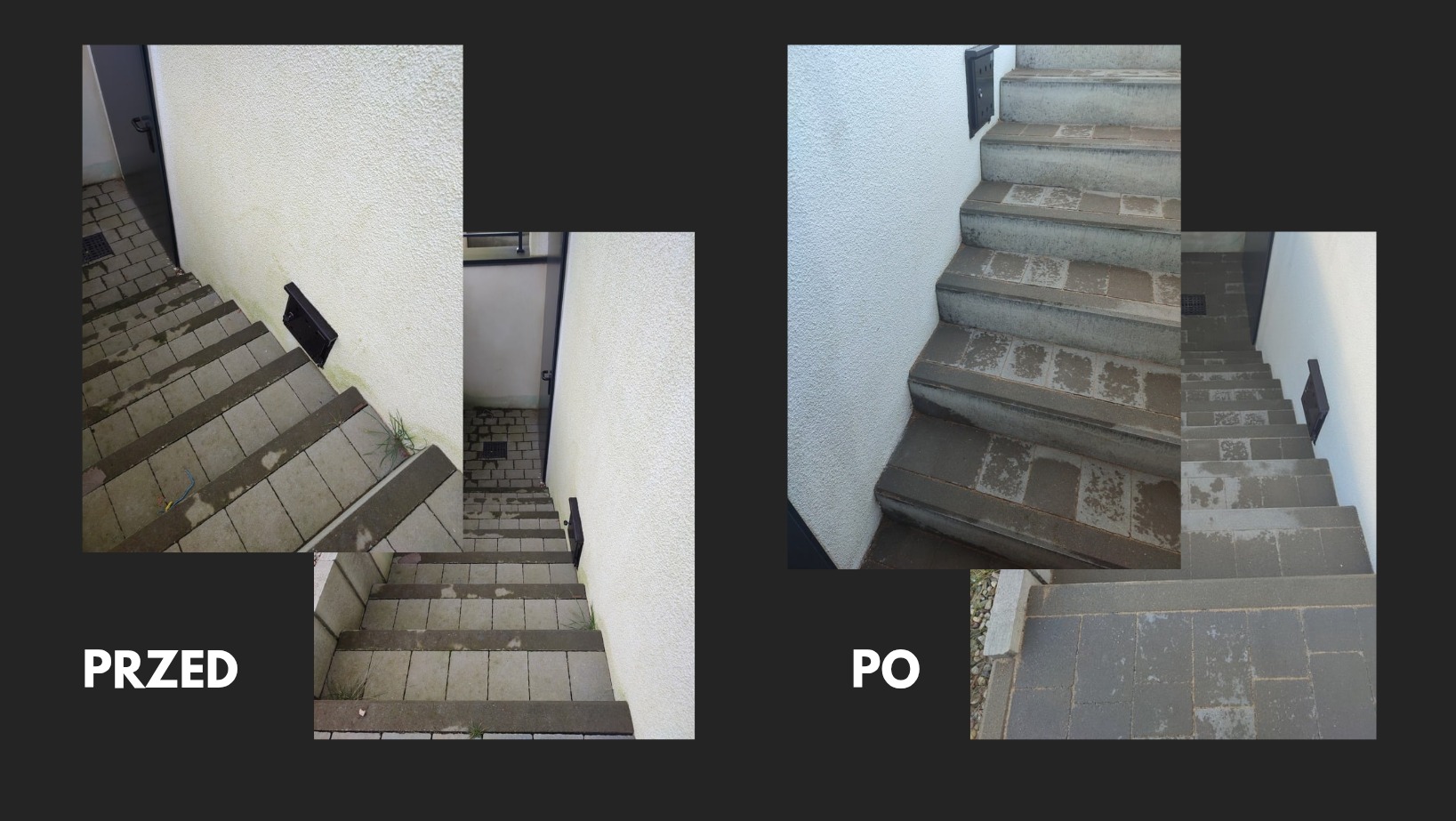 Porównanie stanu schodów zewnętrznych przed i po czyszczeniu, widoczne różnice w czystości kostki brukowej i elewacji, z usuniętymi zabrudzeniami i mchem.