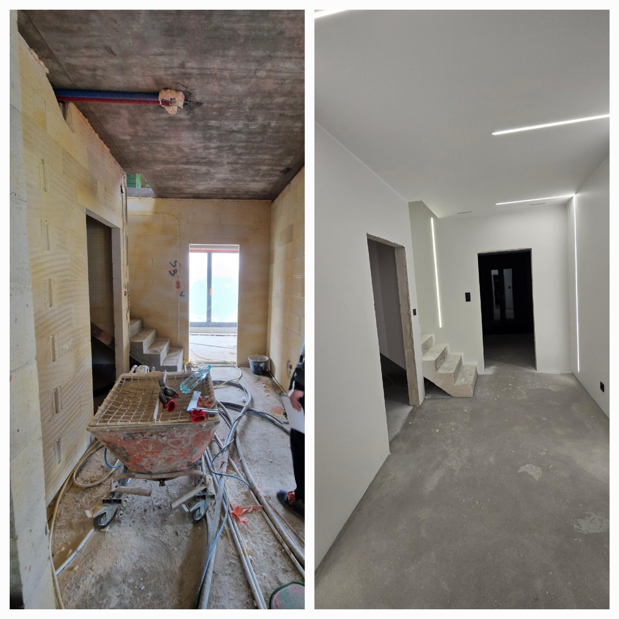 Porównanie stanu surowego i wykończonego wnętrza: po lewej nieotynkowane ściany, betonowy sufit, przewody i narzędzia; po prawej gładkie, pomalowane ściany, oświetlenie LED i surowy beton na podłodze.