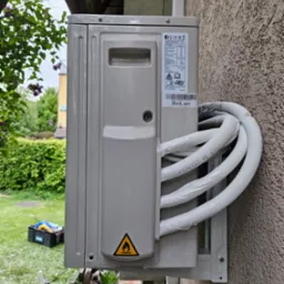 Szara jednostka zewnętrzna klimatyzacji marki BoLan, zamontowana na elewacji budynku, z widocznymi rurami w białej izolacji. W tle zieleń ogrodu.