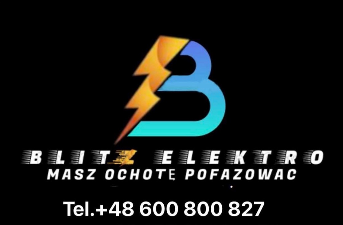 Logo firmy Blitz Elektro z symbolem błyskawicy wkomponowanym w literę B, slogan 'Masz ochotę pofazować' i numer telefonu +48 600 800 827 na czarnym tle.