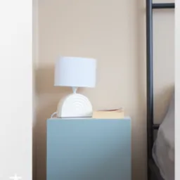 Niebieska szafka nocna z białą lampką w kształcie łuku i książką, ustawiona obok metalowej ramy łóżka. Minimalistyczny design w jasnym wnętrzu.