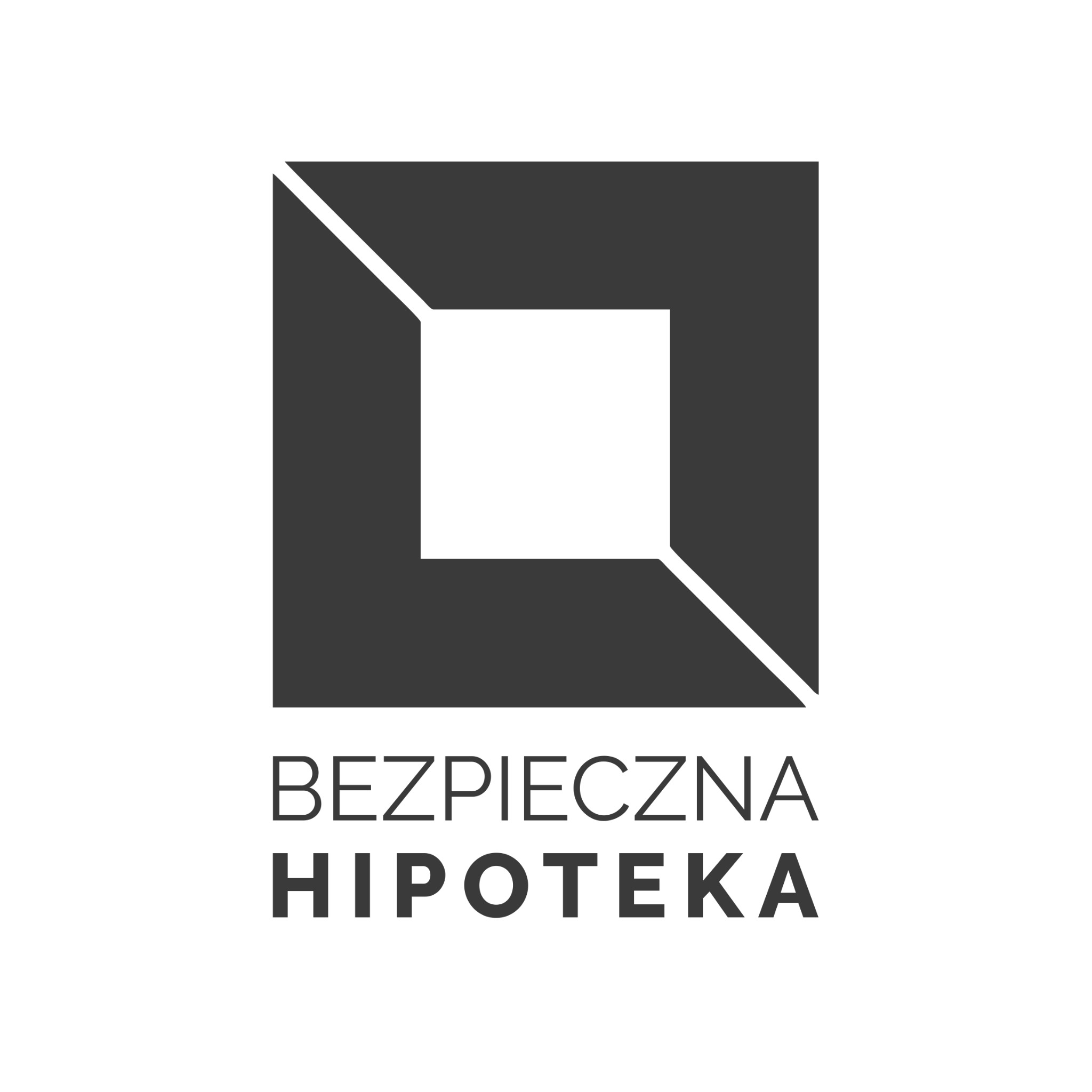 Logo firmy z kwadratem z wyciętymi rogami i napisem BEZPIECZNA HIPOTEKA w kolorze szarym.