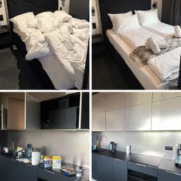 Zdjęcie 'przed i po' prezentujące posprzątany pokój hotelowy z zaścielonym łóżkiem i uporządkowaną kuchnią z czarnymi szafkami i srebrnymi panelami.