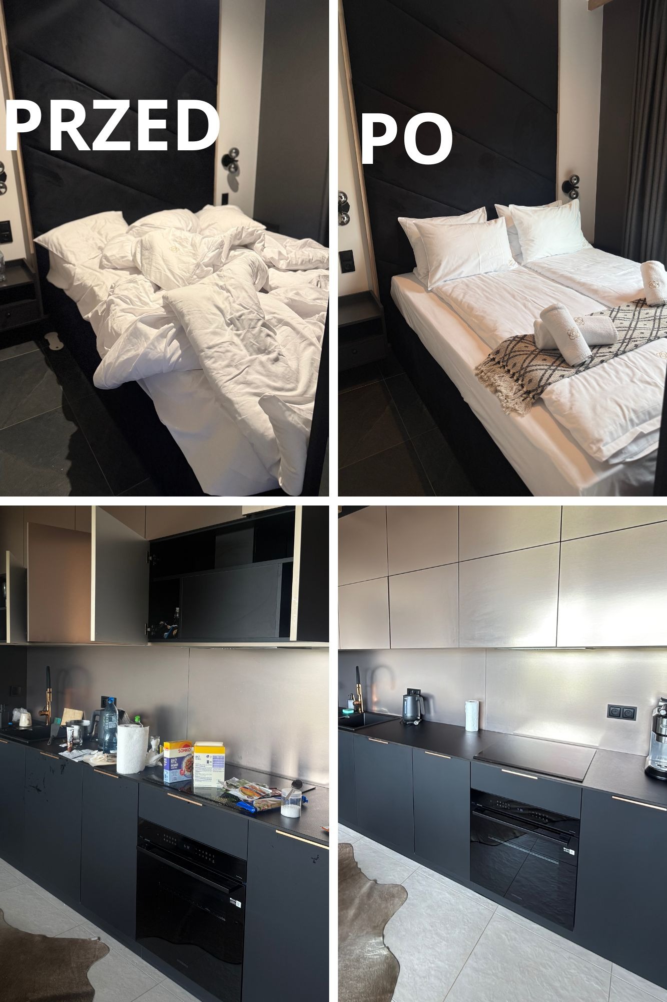 Zdjęcie 'przed i po' prezentujące posprzątany pokój hotelowy z zaścielonym łóżkiem i uporządkowaną kuchnią z czarnymi szafkami i srebrnymi panelami.