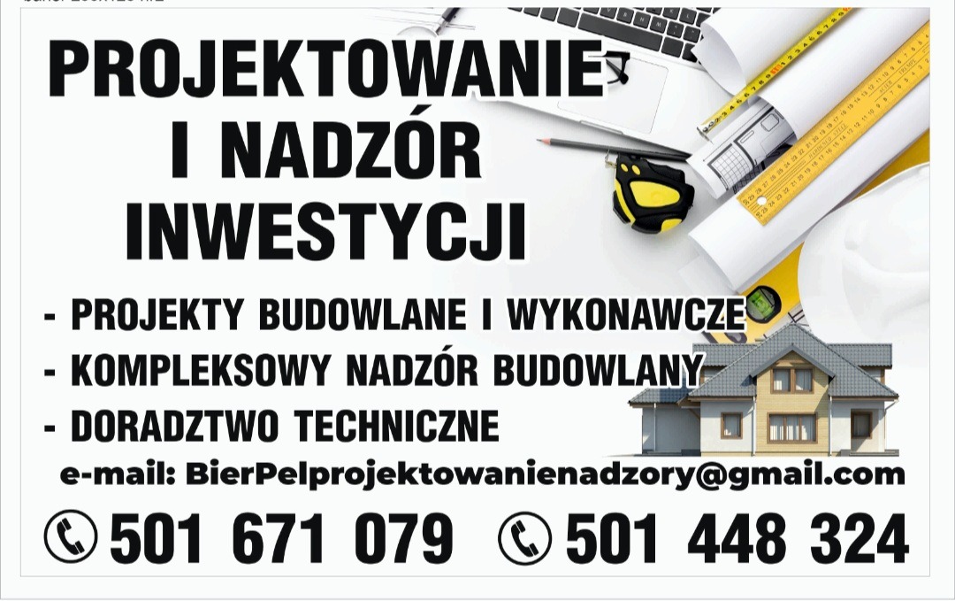 Projektowanie i nadzór inwestycji: projekty budowlane, nadzór budowlany, doradztwo techniczne. Wizualizacja domu, plany, narzędzia, klawiatura, okulary.