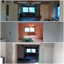 Piotrek Jonienc - Trzy ujęcia wnętrza w trakcie remontu: usunięte fragmenty ścian, odsłonięte instalacje, przygotowanie do szpachlowania, widoczna stara instalacja elektryczna i grzejnik. Na podłodze zielona mata...