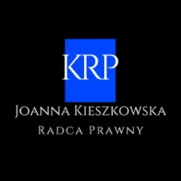 Logo kancelarii prawnej: niebieski kwadrat z białym napisem KRP, poniżej imię i nazwisko Joanna Kieszkowska Radca Prawny, białe litery na czarnym tle.