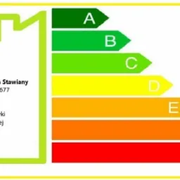 Graficzne przedstawienie świadectwa energetycznego budynku z oceną od A do G oraz danymi kontaktowymi mgr Eweliny Stawiany, obrys budynku w kolorze zielonym.