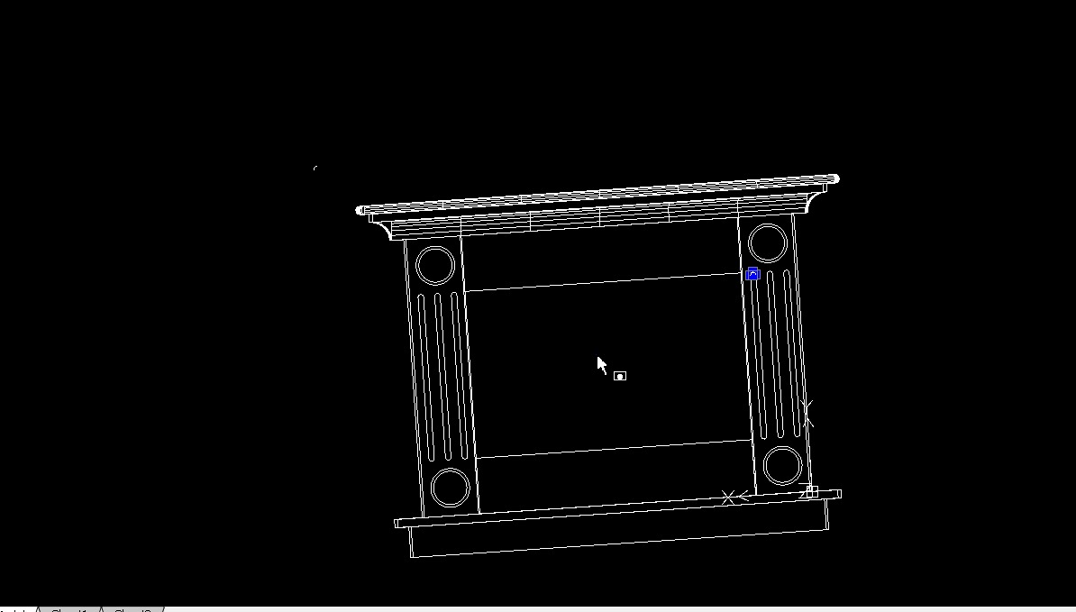 Techniczny rysunek 2D kominka z kolumnami, widok z przodu na czarnym tle, linia biała, widoczny kursor myszy w centralnej części.