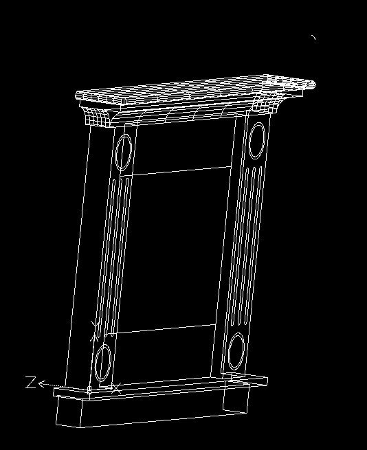 Szkic 3D kominka z dekoracyjnymi kolumnami, Góra Kalwaria. Model szkieletowy z widocznymi liniami siatki i osiami Z. Wizualizacja projektu kominka.