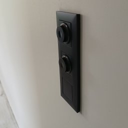 ElektroExpert - Emilian Chudzik - Czarny panel sterowania oświetleniem z dwoma okrągłymi przyciskami i prostokątnym elementem na beżowej ścianie. Minimalistyczny design, nowoczesne wykończenie.