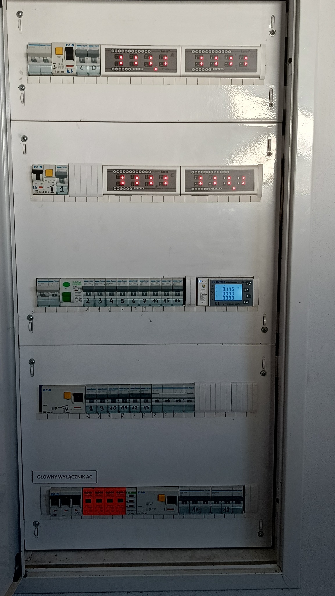 Rozdzielnia elektryczna w metalowej obudowie z bezpiecznikami, wyłącznikami i modułami sygnalizacyjnymi z diodami LED. Widoczne oznaczenia i numeracja.