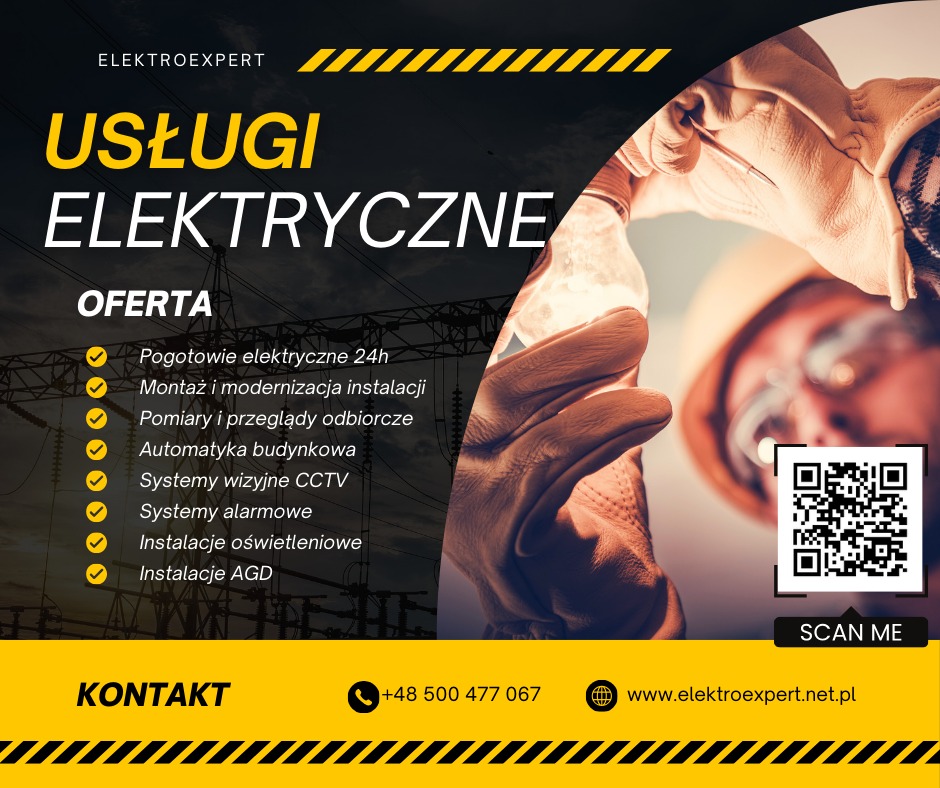 Żółto-czarny baner reklamowy usług elektrycznych z ofertą pogotowia 24h, montażu instalacji, systemów alarmowych i CCTV, z kodem QR i danymi kontaktowymi.