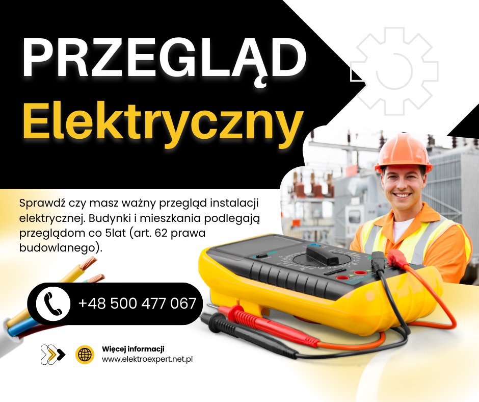 Przegląd elektryczny: uśmiechnięty elektryk w kasku, multimetr, przewody. Sprawdź ważność przeglądu instalacji, budynki i mieszkania co 5 lat. Kontakt i strona www.
