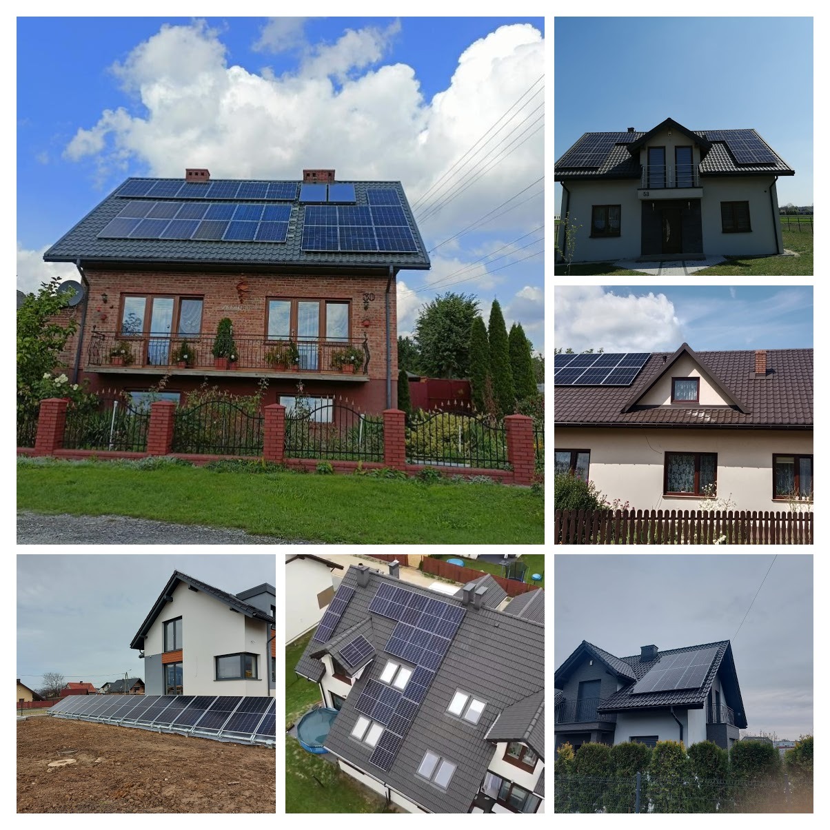 Kolaż zdjęć domów z panelami słonecznymi na dachach. Różne style architektoniczne i konfiguracje paneli. Ujęcia z różnych perspektyw: z przodu, z boku i z góry.