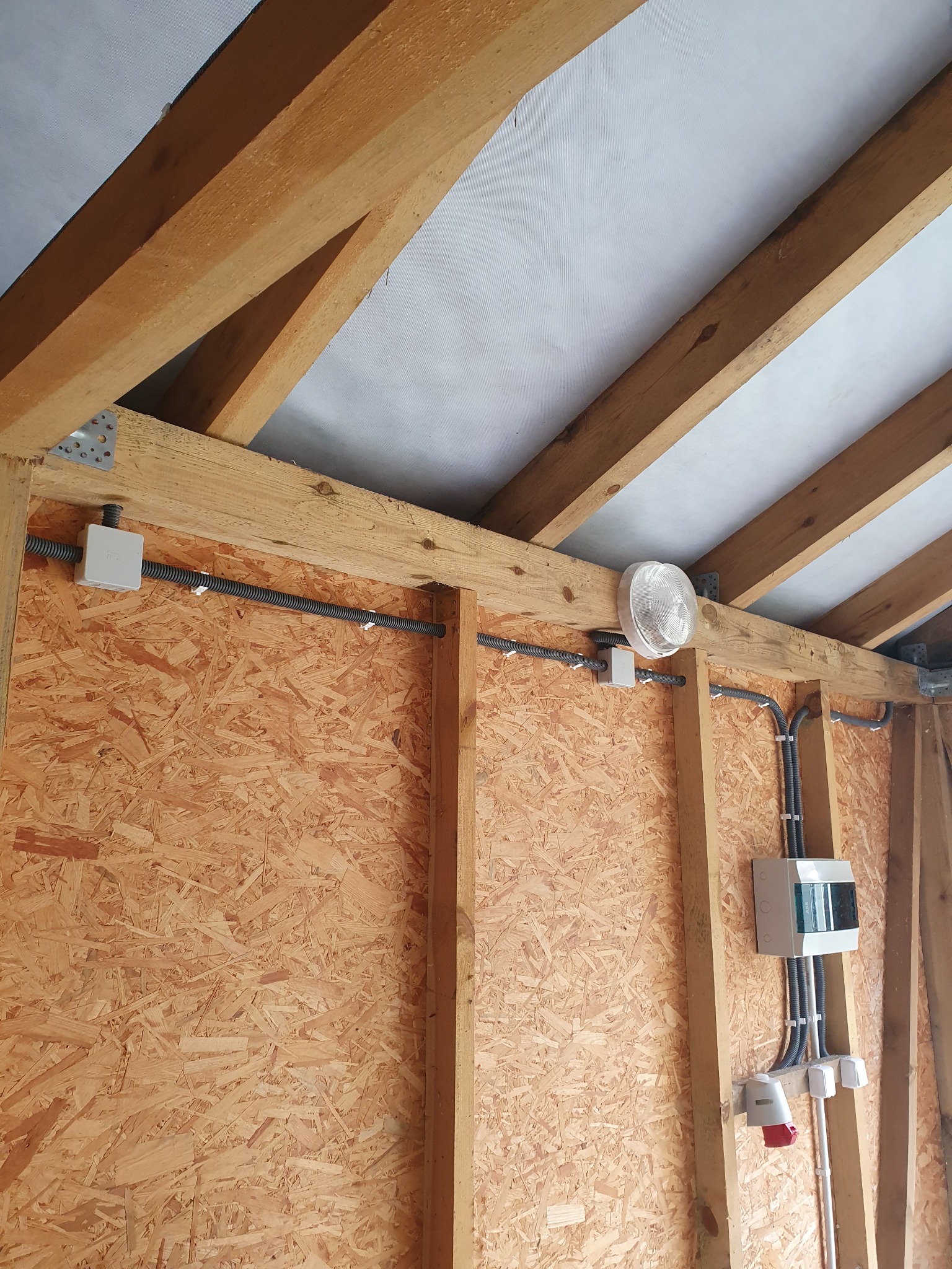 Wnętrze konstrukcji drewnianej z widoczną rozdzielnicą elektryczną, kable w peszlach, gniazdo siłowe i lampa sufitowa, zamontowane na płycie OSB.