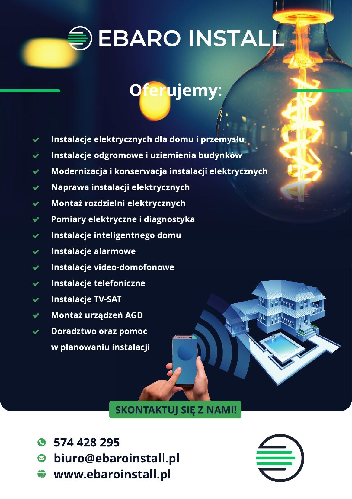 Grafika reklamowa firmy EBARO INSTALL z Bydgoszczy, oferującej szeroki zakres usług instalacyjnych, w tym instalacje elektryczne, odgromowe, alarmowe, a także montaż domofonów i instalacje TV-SAT.