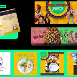 LUCKY PROJECT SPÓŁKA Z OGRANICZONĄ ODPOWIEDZIALNOŚCIĄ - Kompozycja kolażu reklamowego z motywami indyjskimi, zawierająca wizytówkę z logo wegańskiej restauracji, zaproszenie na imprezę Bollywood, zdjęcia biżuterii i torebek oraz potrawy z menu.