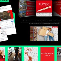 LUCKY PROJECT SPÓŁKA Z OGRANICZONĄ ODPOWIEDZIALNOŚCIĄ - Kompozycja kolażu z grafikami i zdjęciami, w tym posty z Facebooka, promocje z Holandii, pary trzymającej paczki w magazynie, kobiety z ciasteczkami na oczach, mężczyzny w bieliźnie sportowej...